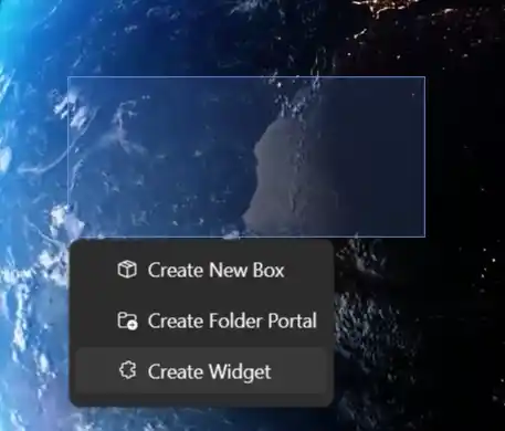 A marquee selection on the desktop with a Create New Box menu