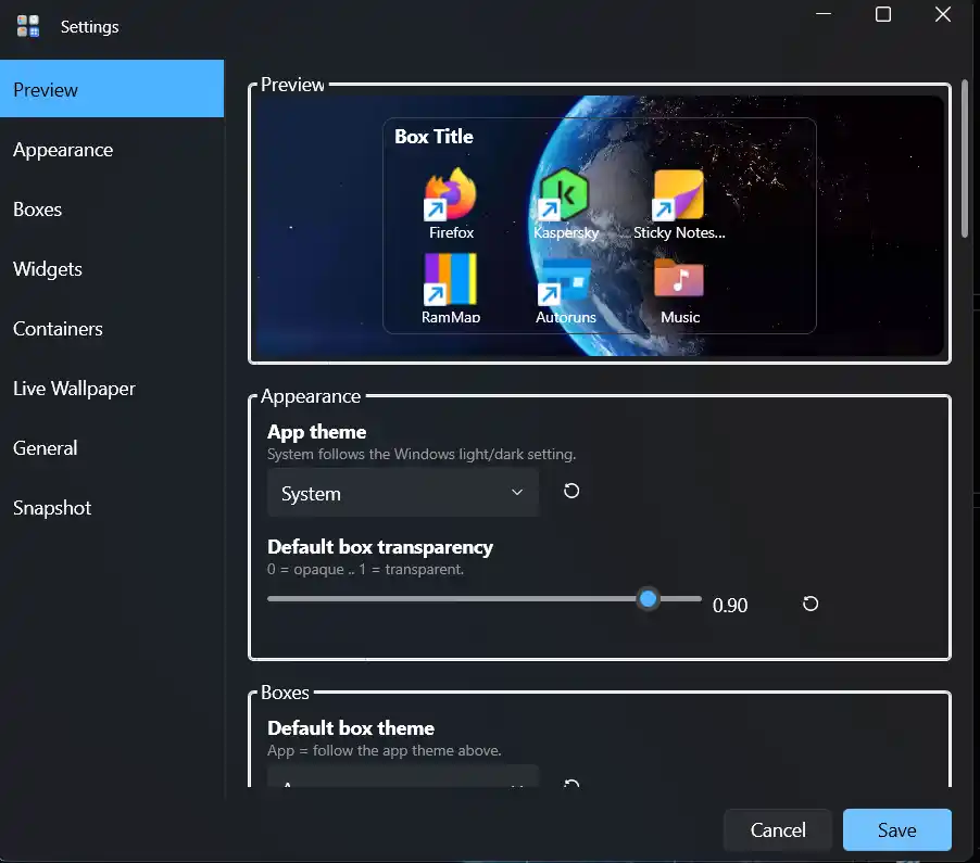 Maktaby settings window with the appearance tab and a live preview