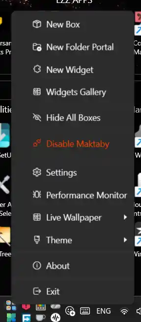 Maktaby tray icon context menu listing the app commands